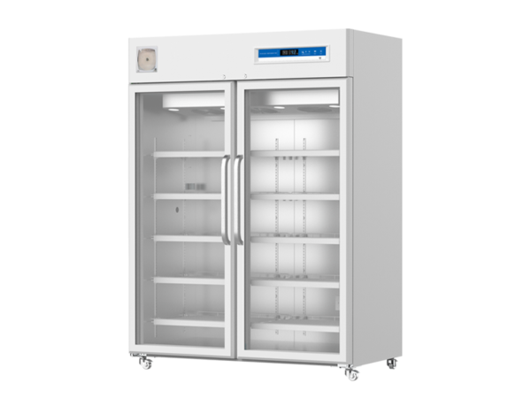 A large, white, Pharmacy Lab Refrigerator 2-8°C, 1320lt Upright, Double Door, Digital Display with LED light and Door Lock with stainless steel handles, shelving, a digital display, and wheels at the base. The unit is perfect for organized medical storage.