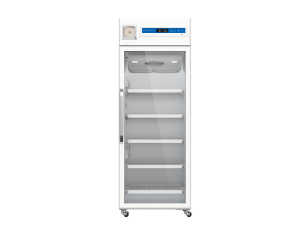A Pharmacy Lab Refrigerator 2-8°C, 650lt Upright, Digital Display with LED light and Door Lock with a digital control panel and multiple adjustable shelves. Ideal as a pharmacy lab refrigerator, it includes a door lock for secure storage and is mounted on wheels for mobility.