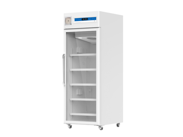 A tall, white, Pharmacy Lab Refrigerator 2-8°C, 650lt Upright with a glass door, digital display with LED light and multiple shelves inside. The refrigerator features a door lock for added security and is on casters for easy mobility.