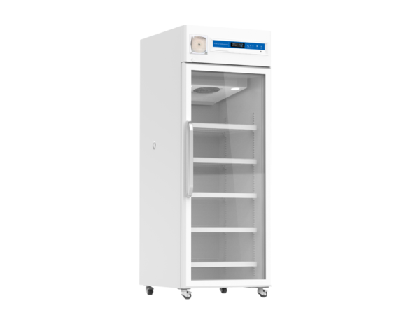 An upright, white Pharmacy Lab Refrigerator 2-8°C, 650lt Upright, Digital Display with LED light and Door Lock with a glass door, five interior shelves, a digital control panel on top, and wheels at the base. Equipped with a secure door lock and an easy-to-read digital display for precise temperature control.