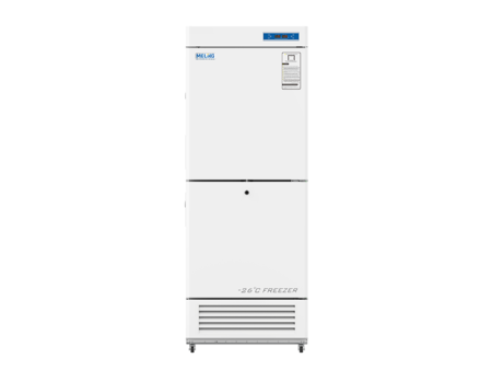A sleek white upright 300lt freezer with a digital display, labeled "-26°C Freezer," standing on a pristine white background. This Combined Refrigerator 2-8°C and Freezer -10~-26°C, 300lt offers ample storage and precise temperature control for all your frozen needs.