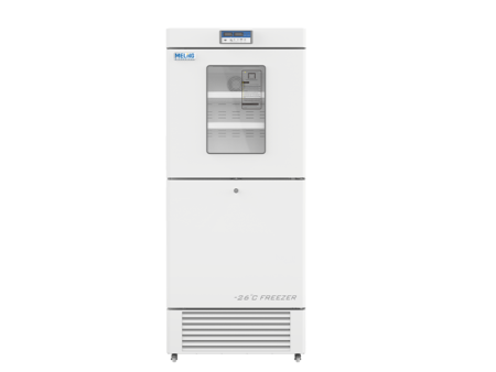 A Combined Refrigerator 2-8°C and Freezer -10~-26°C, 450lt with a digital display and a glass door revealing shelves inside. The 450lt unit is standing upright on a white background.