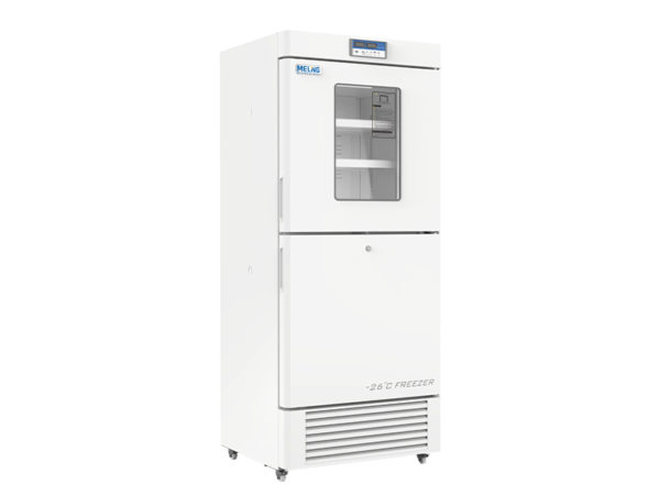 A tall, white, energy-efficient Combined Refrigerator 2-8°C and Freezer -10~-26°C, 450lt with a digital display and a transparent upper door. The lower 450lt section has a solid door, and the unit is on wheels for mobility.
