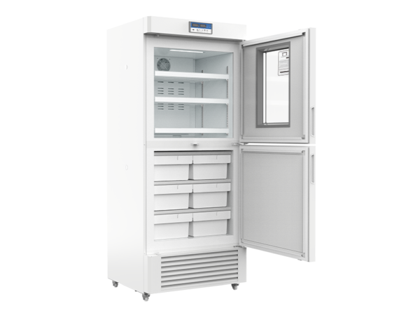 A white, double-door Combined Refrigerator 2-8°C and Freezer -10~-26°C, 450lt is shown with the upper glass-front door open, revealing shelves inside, and the lower solid door also open, revealing multiple storage drawers. This 2-8°C refrigerator ensures optimal conditions for your medical supplies.