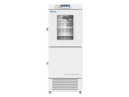 A vertical, white Combined Refrigerator 2-8°C and Freezer -10~-40°C, 289lt with a digital display, labeled as MELING, rated at -10~-40°C. It features a locked upper compartment with a glass window on the door.