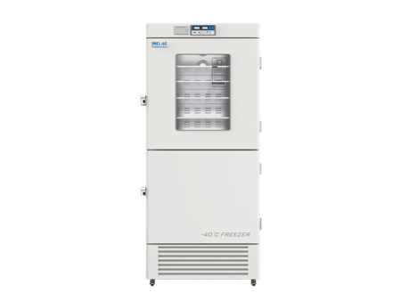 A white, upright medical freezer with a clear glass door on top, displaying storage shelves inside. The digital control panel is positioned above the door. This 519lt unit is labeled "Combined Refrigerator 2-8°C and Freezer -10~-40°C, 519lt".