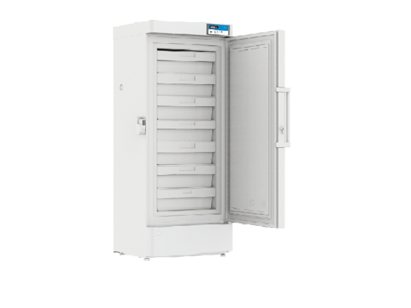 An upright white laboratory Ultra Low Temperature Freezer -20 to -40°C, 270lt, Upright with multiple interior shelves is shown with its door open, capable of maintaining temperatures from -20 to -40°C.