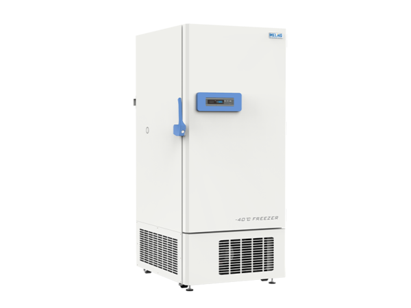 A white laboratory-grade Ultra Low Temperature Freezer, featuring a digital control panel, blue handle, and bottom ventilation. Labeled "Ultra Low Temperature Freezer -20 to -40°C, 528lt, Upright," this upright model ensures precise temperature control from -20 to -40°C.