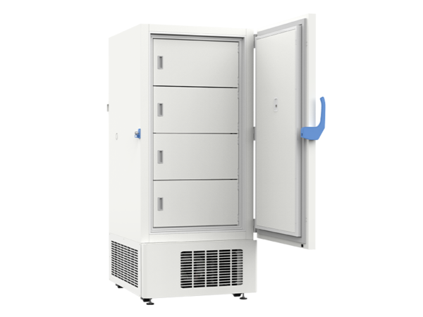 A large, white Ultra Low Temperature Freezer -20 to -40°C, 528lt, Upright with four internal drawers and one door featuring a blue handle, shown in an open position. Ideal for various storage needs, this -20 to -40°C freezer ensures optimal preservation.