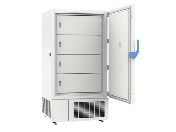 A white Ultra Low Temperature Freezer -20 to -40°C, 778lt, Upright with an open door reveals three internal compartments with closed doors, capable of reaching -20 to -40°C. It features a blue handle on the external door and a capacity of 778lt.