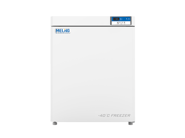 A white undercounter ultra low temperature freezer -20 to -40°C with a digital display and control panel on the top right, labeled "Meling Biomedical" and "–40°C Freezer." This ultra low temperature freezer operates efficiently within the -20 to -40°C range.
