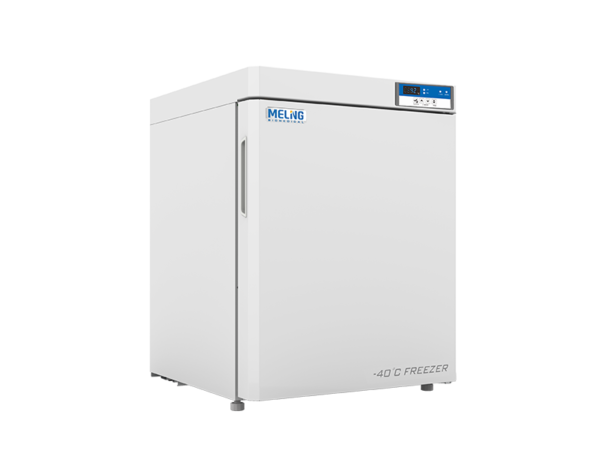 A Meling Scientific undercounter ultra low temperature freezer -20 to -40°C with a digital control panel on top, displaying temperature and settings. The appliance has a sleek white exterior and a side handle, ideal for maintaining precise conditions at -20 to -40°C.