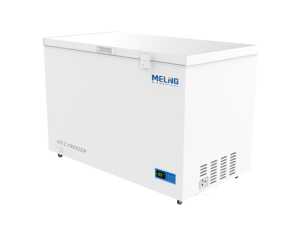 A white, Biomedical Chest Freezer -10 to -25°C, 358lt with the brand "Meling" printed on it, set to a temperature of -25°C, featuring an external digital display panel.