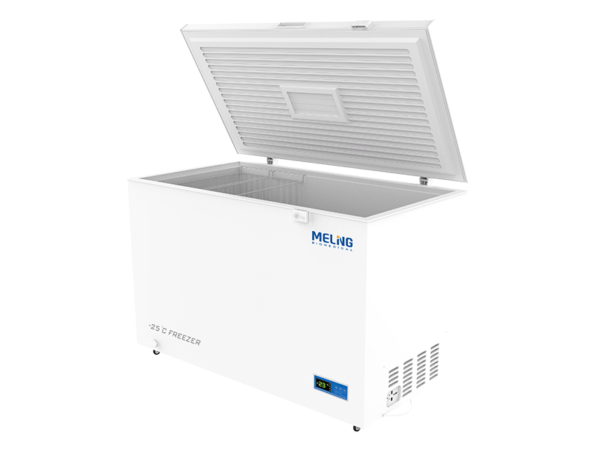 A white Biomedical Chest Freezer -10 to -25°C, 358lt with an open lid, displaying the 358lt interior. The unit has "MELING" and "-10 to -25°C FREEZER" labels on the front. Digital display and control panel are visible on the lower right.