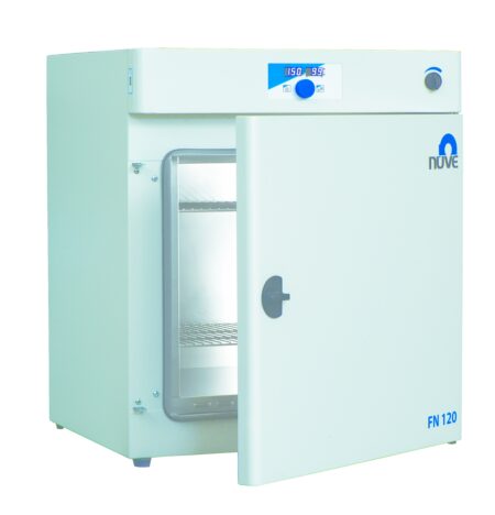 A white Oven/Steriliser, 120lt by Nüve, designed for sterilization, stands with its door partially open, revealing an interior shelf and a digital control panel on top. This 120lt model underscores precision and reliability in a sleek design.