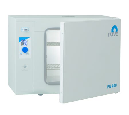 A laboratory oven labeled "Oven/Steriliser with Forced Convection, 110lt" with its door open, revealing the interior shelves and control panel displaying temperature settings. The forced convection appliance has a white exterior with the brand name "Nüve" and a capacity of 110lt, making it an ideal oven steriliser.