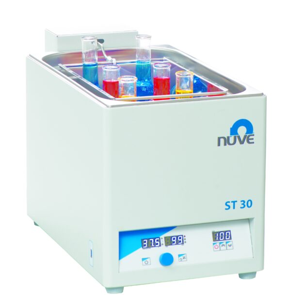 A Shaking Water Bath 29lt (order lid separately) with multiple glass test tubes containing various colored liquids, equipped with digital controls and an LED display showing temperature settings. The Shaking Water Bath 29lt comes with an optional lid purchased separately.