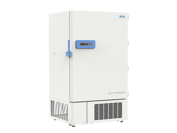 A white upright Ultra Low Temperature Freezer -20 to -40°C, 778lt, Upright with a blue handle and a digital control panel on the front, offers a spacious 778lt capacity.