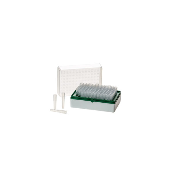 A BioTube rack containing 12 strips of 8 non-sterile, plain green microcentrifuge tubes, organized in a plastic rack with a transparent lid, with several tubes placed outside the rack.
