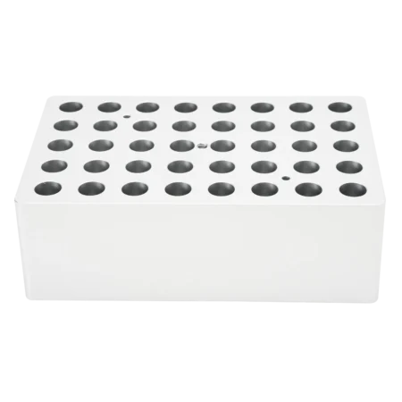 A Heating Block for 40x1.5ml tubes, compatible with the HB120 Dry Bath and featuring multiple evenly spaced round holes on top.