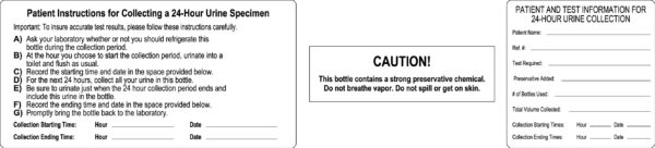 Patient instructions for collecting a 24-hour urine specimen using the 24hr urine collection bottles are detailed, with a caution about the strong preservative in these containers. A specimen label form for entering patient and test information is also provided.