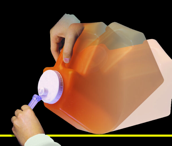 A hand pouring liquid from an orange plastic container into a small tube, commonly seen in tests using 24hr urine collection bottles.