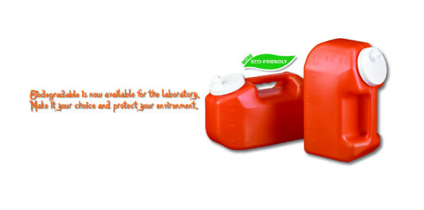Two red biodegradable jerry cans, one standing upright and the other lying on its side. Text reads: "Biodegradable is now available to the laboratory. Make it your choice and protect your environment with our Biodegradable 24hr Urine Collection Bottle, 3lt (40/Case).