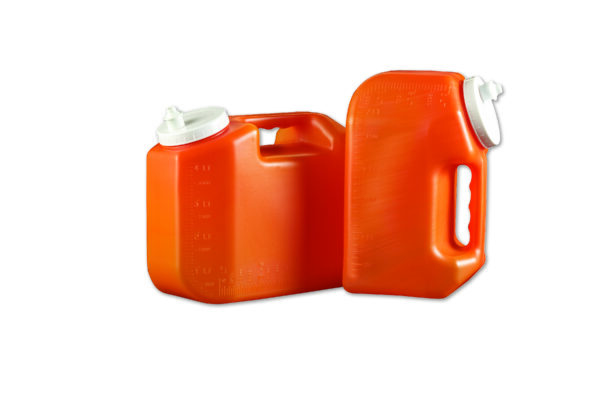 Two orange 24hr urine collection bottles made of plastic with white caps and integrated handles.