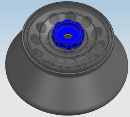 3D rendering of a mechanical component, featuring a black conical base with a circular, toothed, blue center piece resembling the Rotor for 12x10ml Tube for use on CT-G185R Centrifuge.