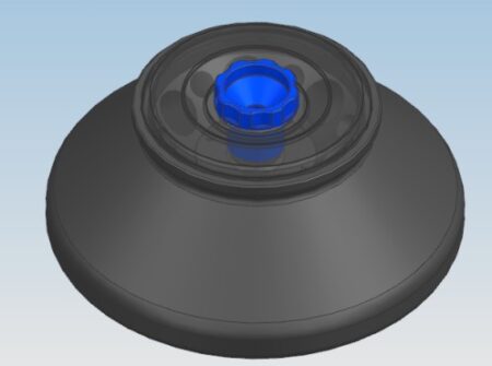 A 3D-rendered image of a Rotor for 6x50ml Conical Tube for use on CT-G185R Centrifuge, featuring a black circular mechanical design with a blue knob at the center. The background transitions from a gradient of light blue to white.