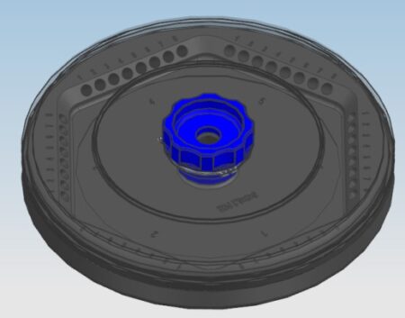 A 3D rendering of a dark circular rotor with a central blue knob and multiple holes around the edge, designed for the Rotor for 6x8x0.2ml Tube used on the CT-G185R Centrifuge.