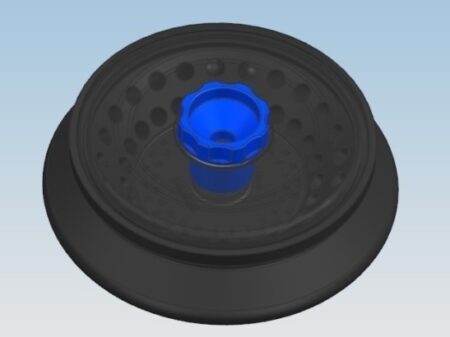 A 3D-rendered image of a Rotor for 48x1.5ml Tube, designed for use on the CT-G185R Centrifuge, showcases a black circular structure with a prominent blue central element featuring multiple radial indentations.