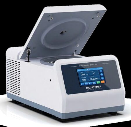 The High-speed Refrigerated Centrifuge by "MEGASTEMAN Scientific" is depicted with its lid open, showcasing a digital control panel displaying various settings. This efficient device accommodates up to 6x50ml samples and can operate at speeds of up to 18,500rpm.