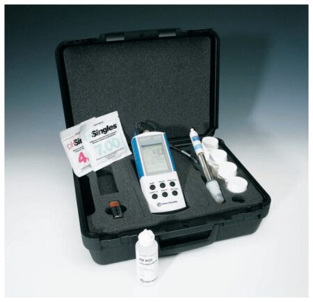 A black case containing the ACCUMET AP115 Portable pH Meter Kit, which includes the SJ Refillable pH/ATC Electrode ACC13620AP50A, calibration solutions, sample bottles, and pH calibration packets. The pH meter features a digital display and buttons. Additionally, the kit comes with a refill solution and vials. This product is also known as ACC13636-AP115.