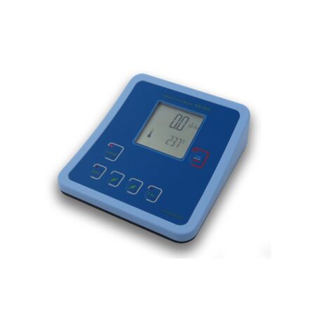 The CC-511 EC bench top meter features a blue design, digital display with measurement readings, operation buttons, and shows a temperature of 23.7°C.