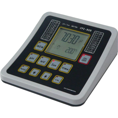 The CPI-505 pH/Ion bench top meter features a large display and multiple buttons for pH, mV, ion, and time measurements—ideal for calibration and versatile lab use.