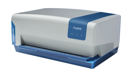 The "Crystal Full Station with High Performance PC" by DreamPath is a sleek gray and blue automated laboratory instrument that combines cutting-edge design with functionality, often likened to a high-performance PC for its efficiency and precision.