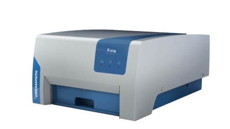 Against a black background, an elegant combination of gray and blue showcases the "DreamPath" printer from the "Fina full station w/ high perf. PC," featuring a front-loading paper tray.