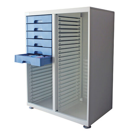 A sleek, white "Cabinet for 24 Fina/Mega Trays - Stackable" features multiple slots and a standout blue drawer perfect for small items, combining style and practicality in one compact unit.