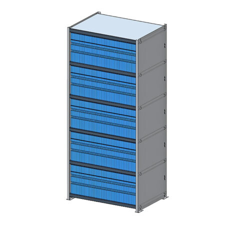 The High Capacity Cabinet has a tall rectangular server rack, features five blue shelves, holds 340 Crystal Trays, and is enclosed in a sleek metallic frame.