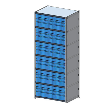 Illustration of a tall, blue and gray rectangular server resembling the High Capacity Cabinet with 6 shelves, accommodating 408 crystal trays.