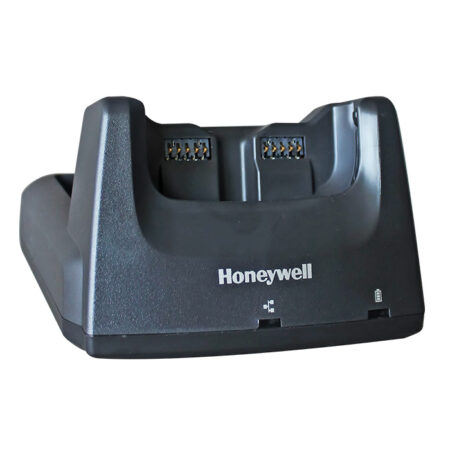 The Dock for Honeywell PDA CT60XP for Fina & Crystal holds two barcode scanners, has visible connector pins, displays a Honeywell logo on the front, and is compatible with the CT60XP.