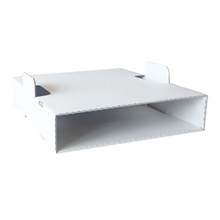 The Individual Cardboard Box for Fina Trays (25/Pack) is a white corrugated organizer with a flat surface and cut-out side handles, perfect for holding documents or files and keeping your essentials neatly organized.