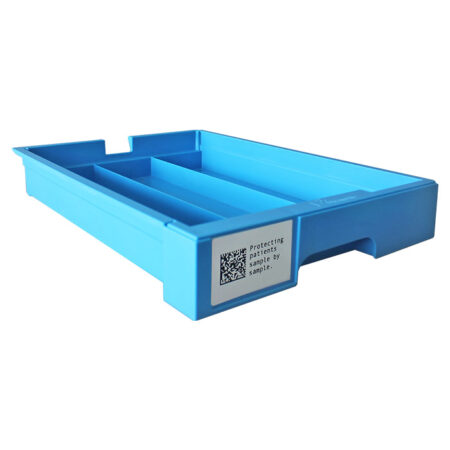 Introducing Mega Trays for Blocks & Slides (6/Pack): a blue plastic tray with compartments and a handy QR code on the side, perfect for organizing your blocks.