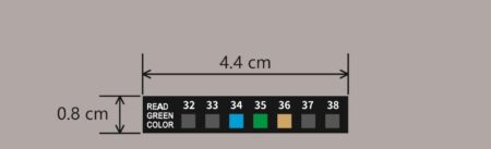 A Urine Temperature Strip, measuring 44x8mm and showing colors from blue to gray for 32 - 38°C, ensures precise readings; each pack contains 5 sheets with 20 strips per sheet.