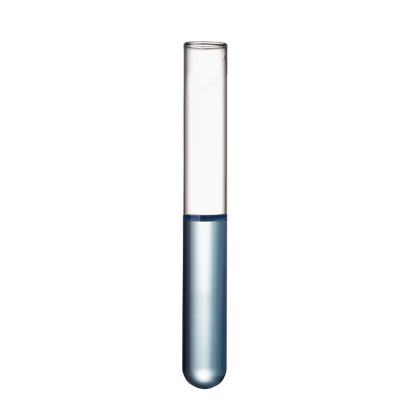 A Test Tube Borosilicate Glass, without Rim, 150 x 16mm, filled halfway with clear light blue liquid, stands upright against a white background.