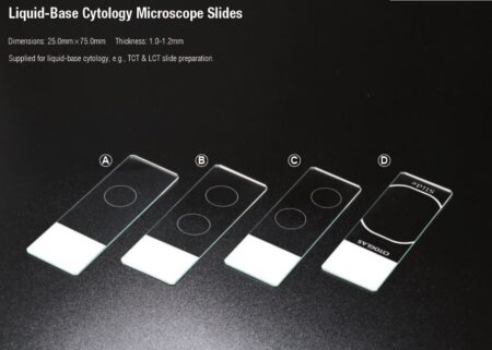 Four Diagnostic Microscope Slides, positively charged and each with a 13mm printed circle for specimens, are shown on a dark background; slide D has a label. The slides feature 90° ground edges and clipped corners.