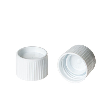 Two white "Cap for Transport Tube" pieces (1000/Case) are shown—one upright and one on its side—with vertical ridges and threaded interiors.