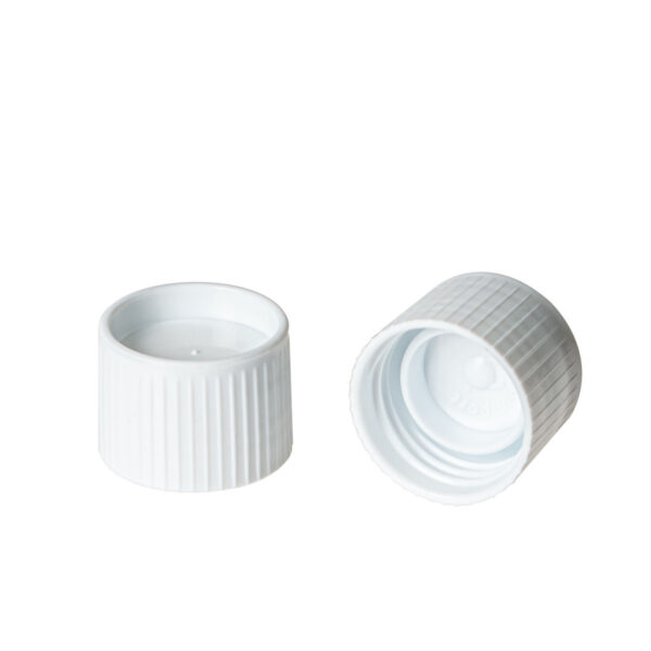 Two white "Cap for Transport Tube" pieces (1000/Case) are shown—one upright and one on its side—with vertical ridges and threaded interiors.