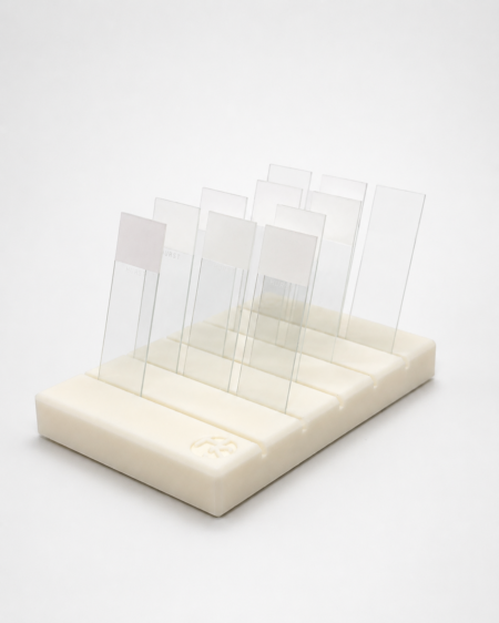 Six glass microscope slides are positioned upright in the slots of a rectangular white slide drying rack.